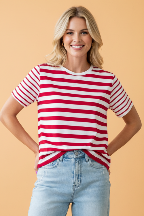 Stripe Patchwork Round Neck Short Sleeve T-Shirt