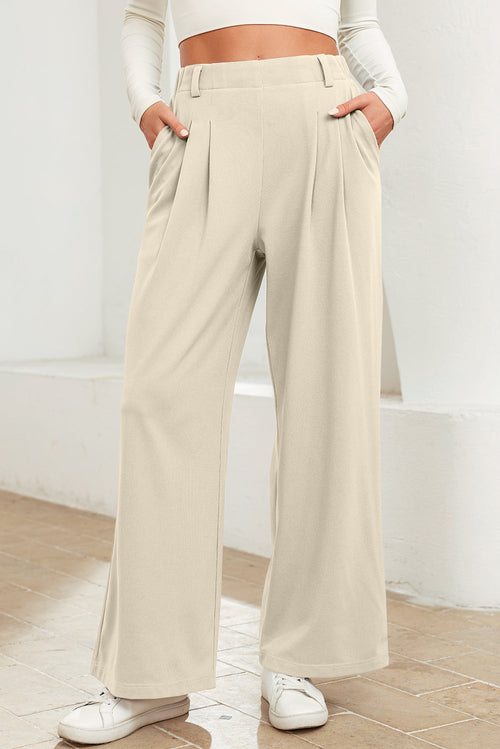 Solid Textured Elastic Waist Wide Leg Pants