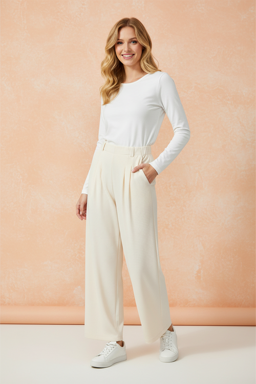 Solid Textured Elastic Waist Wide Leg Pants
